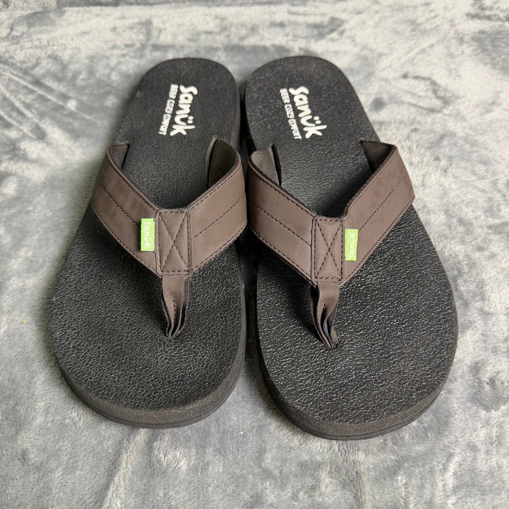 Sanuk Beer Cozy Comfort Mens SZ 12 Flip Flops Brown Black Sandals